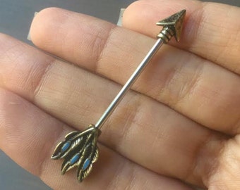 Industrial Barbell Piercing Scaffold Bar Bronze Turquoise Arrow Feather Arrowhead Jewelry Earring Silver Triple Feather Archer
