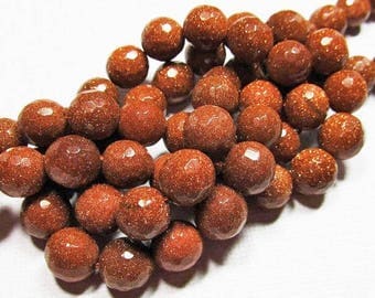 LOOSE Gemstone Beads - Goldstone Beads - 10mm Faceted Rounds - Sparkly Copper Brown (5 beads) - gem909