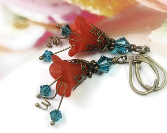 Flower Earrings, Antiqued Brass Dangle Earrings, Vintage Style, Blue Zircon Swarovski Crystal Earrings, Lucite Flowers, Gifts For Gardeners