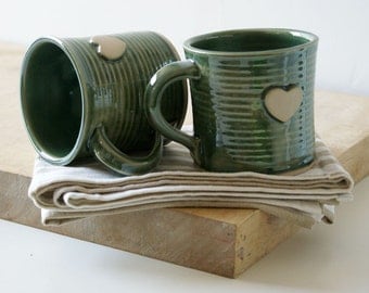 Set of two heart mugs glazed in forest green - hand thrown stoneware pottery