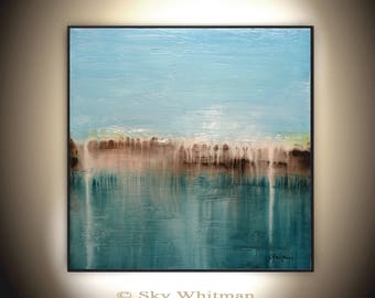 Large Square Painting Original Abstract Art Modern Textured Oil Painting Blue Amber Coffee Gloss Painting 36x36 by Sky Whitman
