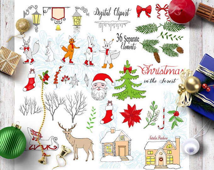 Christmas in the Forest. Christmas , Clip art, poinsettia, mistletoe, squirrel, deer, Santa, Christmas tree, poinsettia, sledge, forest