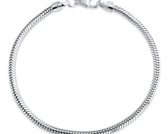 Top Quality Snake Chain Charm Bracelet 3mm for European Charm Beads (7" 7.5" 8" 8.5"), Sterling Silver Plated, CF177