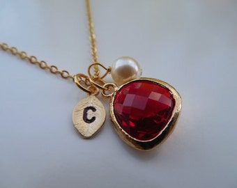 20% Off - Bridesmaid Necklace, Gold or Silver Garnet Necklace, January Birthstone Necklace with Initial Leaf, Jewel, Pearl, Birthday Gift