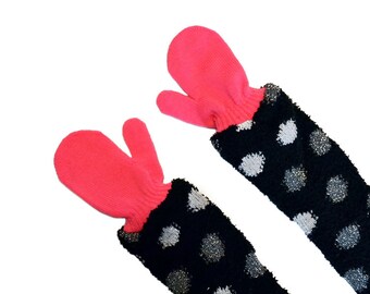 Childrens Long Mittens, toddler mittens, baby mittens, hot pink mittens, polka dot