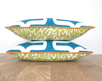 Aqua blue throw pillow covers, set of two 15x15, geometric pillow cases modern home decor, turquoise and green cushion cases