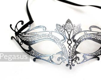 Silver and Black Cat Woman Venetian Filigree Scroll work Metal Masquerade Mask (1 Piece, 5 color options) Aluminum Laser Cut Mask Made