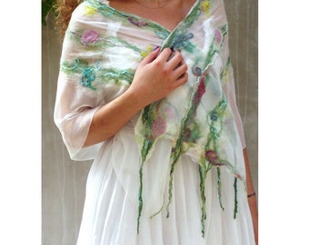 Pastel scarf, felt scarf, Spring, floral scarf, wedding scarf, nuno felt scarf, feminine, luxury scarf, merino scarf, silk scarf, fairy