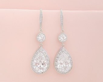 Large Bridal Drop Crystal Earrings Wedding Cubic Zirconia Drop Earrings Wedding Jewelry Crystal Dangle Wedding Earrings Rose Gold, Ely