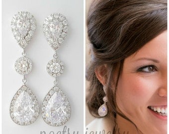 Wedding Earrings Bridal Jewelry Large Clear Cubic Zirconia Teardrop Bridal Earrings Wedding Jewelry Crystal Wedding Earrings, Penelope