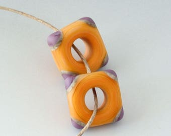 Southwest Disk Square Pair- (2) Handmade Lampwork Beads - Lavender, Pale Orange - Etched, Matte