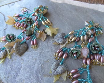 Vintage Colleen Toland Beaded Earrings. Turquoise Gold Mauve Patina Rose Buds, Fall Leaves, Multi Branch Clip On Earrings, Vintage Clip ons
