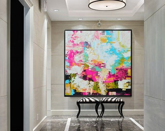 Abstract painting print Pink blue white Giclee, square colorful modern contemporary art, large geometrical canvas living room decor office