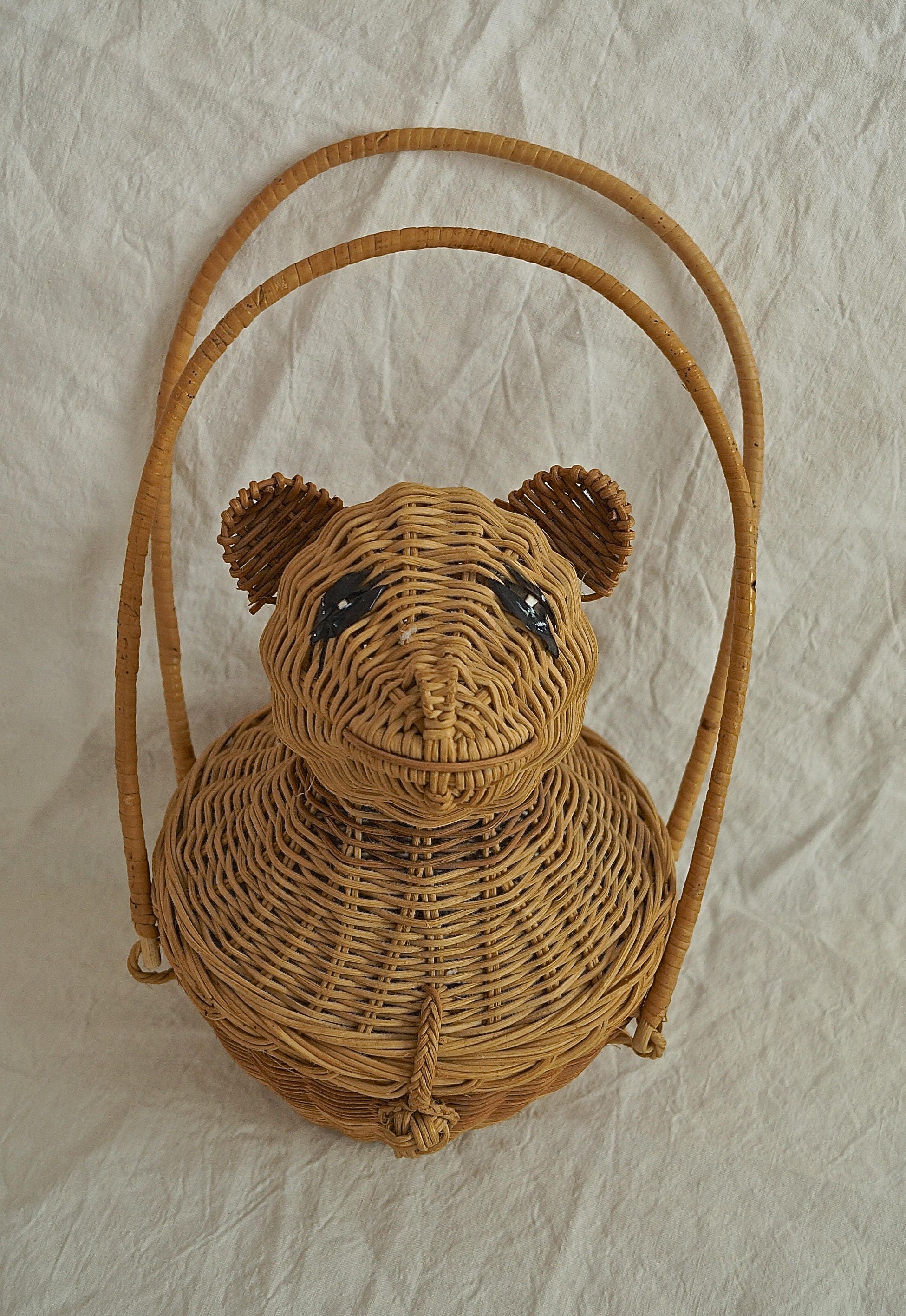 Vintage 50s Wicker Animal Purse / Figural Wicker Teddy Bear