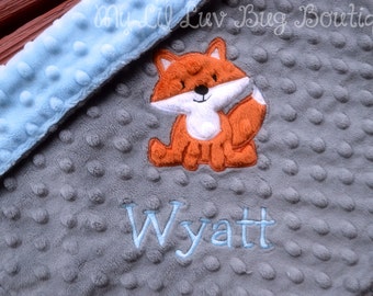 Fox baby blanket personalized small- Charcoal grey baby blue and rust fox- lovey blanket
