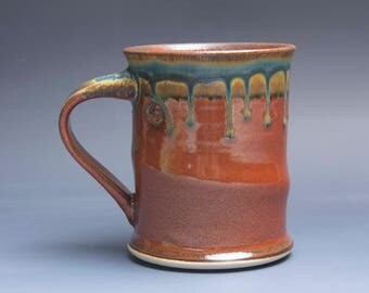 Handmade pottery coffee mug, ceramic mug, stoneware tea cup 16 oz mug glossy tangerine red flake 3971