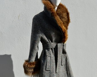 Vintage 70's glam russian princess coat overcoat raccoon fur trim tweed 70's wool by thekaliman