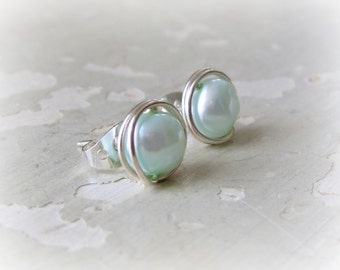 Pearl Post Earrings, Sterling Stud Earrings, Light Blue Posts, Freshwater Pearl Earrings, Pearl Stud Earrings, Silver Post Earrings