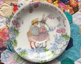 I'm So Glad We're Friends Chicken Bunny Vintage Illustrated Plate