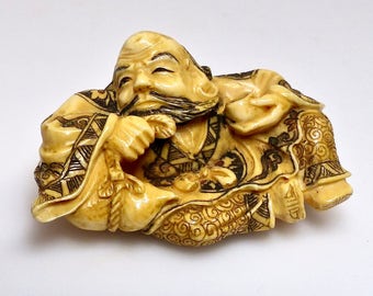 Vintage Chinese Carved and Etched Ox Bone Man Holding Jug and Cup Figurine