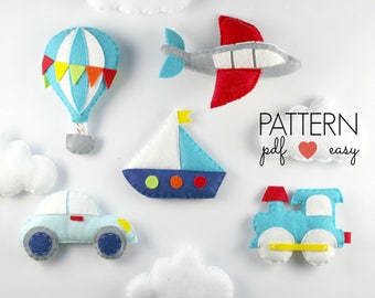 Baby Mobile Pattern, Transportation Mobile, Felt Sewing Pattern, Transport Nursery, Felt Airplane, Train, Car, Boat, Hot Air Balloon