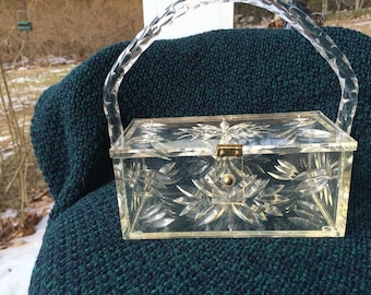 Lucite Purse Nelson Originals Label Clear Carved Lucite Box with Twisted Lucite Handle Rare Lucite Purse Collectible Lucite Bridal