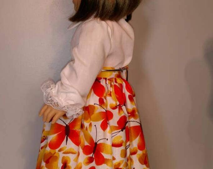 Orange and yellow Butterfly print skirt and blouse set for 18 inch dolls summer Butterfly print