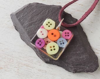 Buttons Pendant on Burgundy Red Suede Necklace, Primary Colour Buttons Resin Pendant, Resin Jewellery, Button Jewellery, UK. 288