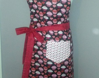 Ladies Full Body Bib Apron Retro Hostess Apron Cup Cakes Valentines Gift Ready-Made