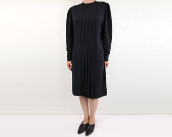 VINTAGE Black Shift Dress Pleated Longsleeve