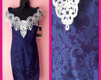 Vintage 1980s Blue and White Jessica McClintock Mini Lace and Brocade Dress