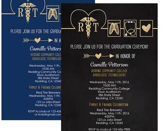 Respiratory Technology Graduation Invitation, Black and Gold, Navy and Gold, Personalized with your info- Printed or Digital