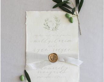 Calligraphy Wedding Invitation & Packages | Custom Calligraphy Wedding Wreath | Romantic Organic Handmade Paper Suite | Arcadian Style