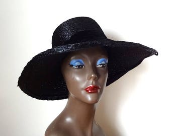 1950s-60s Black Wide Brim Hat - vintage formal straw hat by Pinehurst