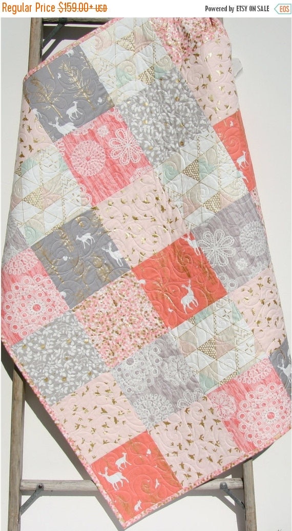 Rustic Baby Quilt Girl Crib Bedding Deer Blanket Gold