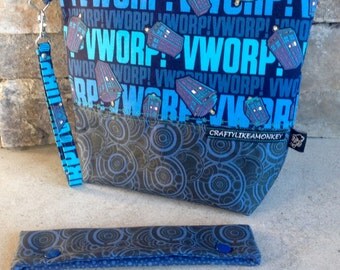 Dr Who Tardis inspired project zipper pouch with flat bottom and knitting needle cozy