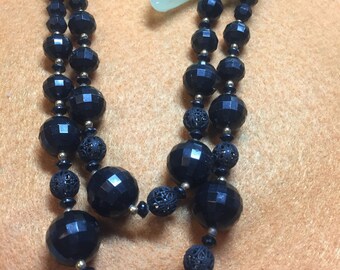 Vintage 18” Black Faceted Beaded Double Strand Necklace