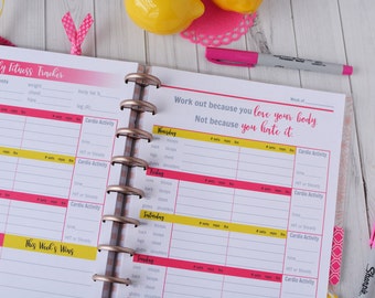 52 Wk Happy Planner FITNESS PLANNER Printable workout insert pages Pink/Yellow MAMBI, Create365, 7 x 9.25 Classic Workout tracker