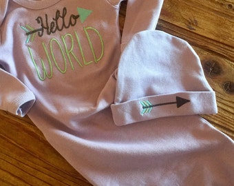 Baby Girl Gown - Hello World Gown and Hat Set - Newborn Girls - Hello World
