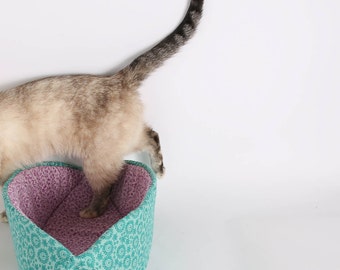 Cat Canoe in teal and purple cotton fabrics a modern pet bed design - Made in Washington