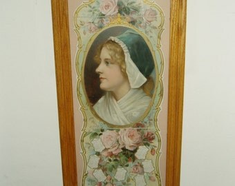 1901 Trifold DieCut Calendar in Oak Frame, Puritan Woman & Roses