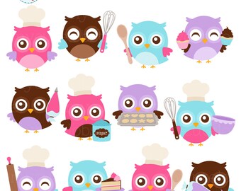 Baking Owls Clipart Set - clip art set of cute owls baking, whisk, chef owls, cupcake - personal use, small commercial use, instant download