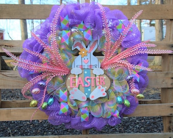 Purple Bunny Easter Wreath, Spring Wreath, Deco Mesh Wreath, Front Door Wreath, Easter Decoration, Easter Egg Wreath, Purple Door Wreath