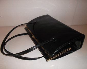 Vintage 1960s Black Patent Leather Handbag Mod Purse