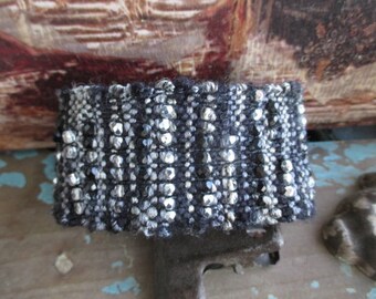 Black fiber leather Cuff bracelet - Magic Carpet/ Jazz - Black silver crystal stone unique festival boho by slashKnots