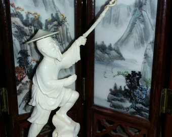 Antique\Vintage Hand Carved Chinese Fisherman Figure ~ Bovine Bone ~ Wooden Stand ~ Too Sweet!!!