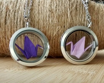 Glass locket necklace-stocking stuffers-lucky origami crane charm-magnetic glass floating charm locket-gift under 10-gift for best friend