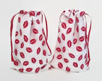 Sweet Red Lips Drawstring Fabric Gift Bag Upcycled, Reusable, Sustainable