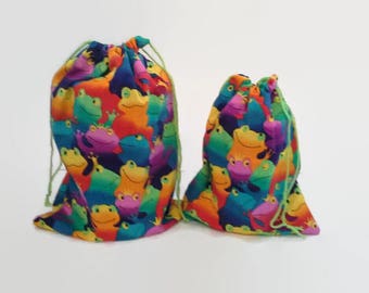 Colorful Frogs Birthday Drawstring Fabric Gift Bag Upcycled, Reusable