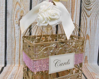 READY TO SHIP / Small Champagne Gold Birdcage Card Holder / Card Box / Wedding Card Holder / Bridal Shower / Sweet Sixteen / Baby Shower